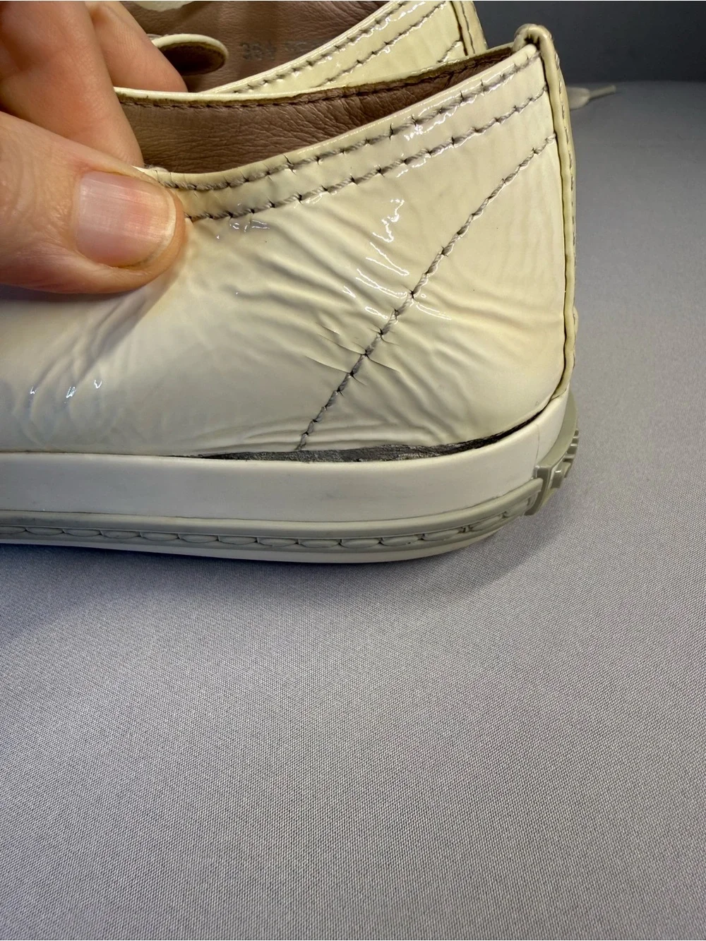 Miu Miu Cream Patent Leather Sneakers with Silver Toe Caps